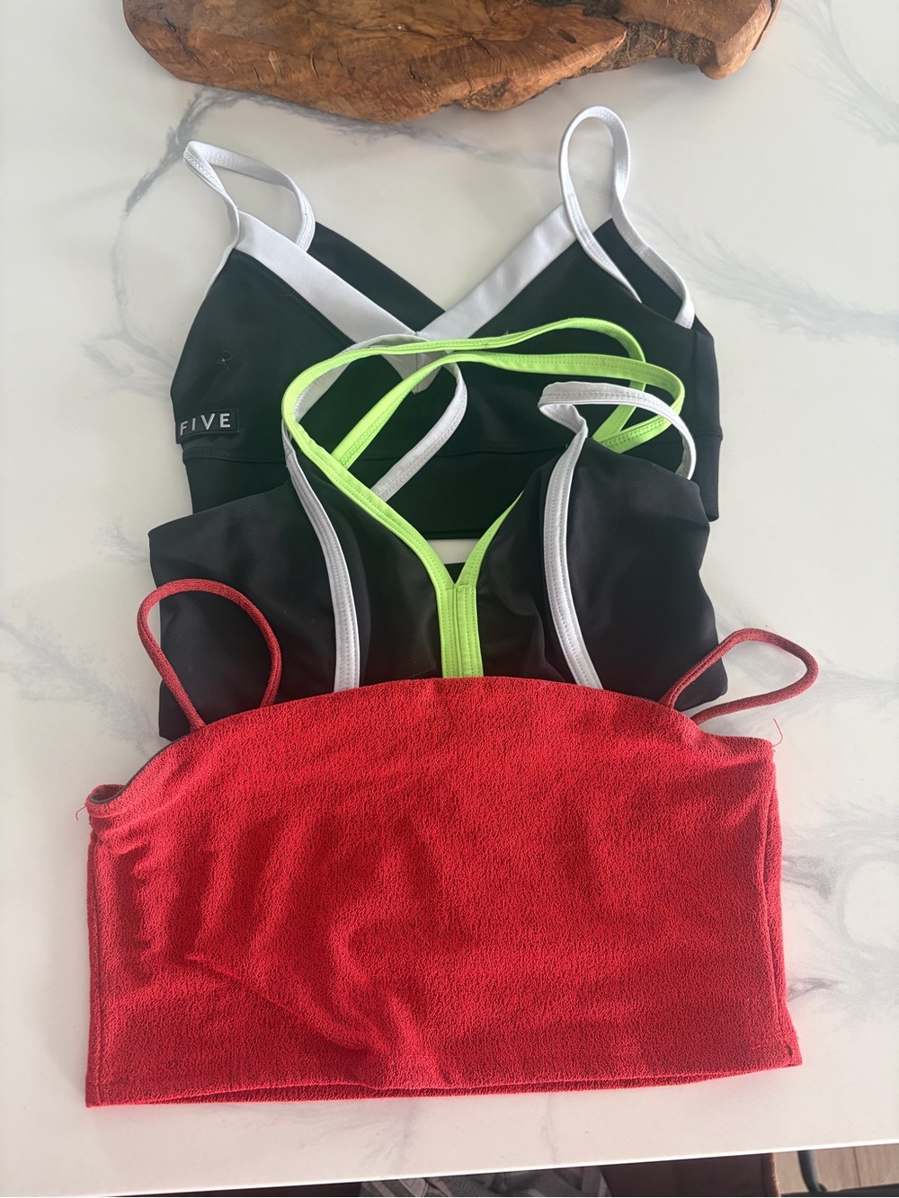 Black & Neon Green Strappy Sports Bralette and red bra top for dance